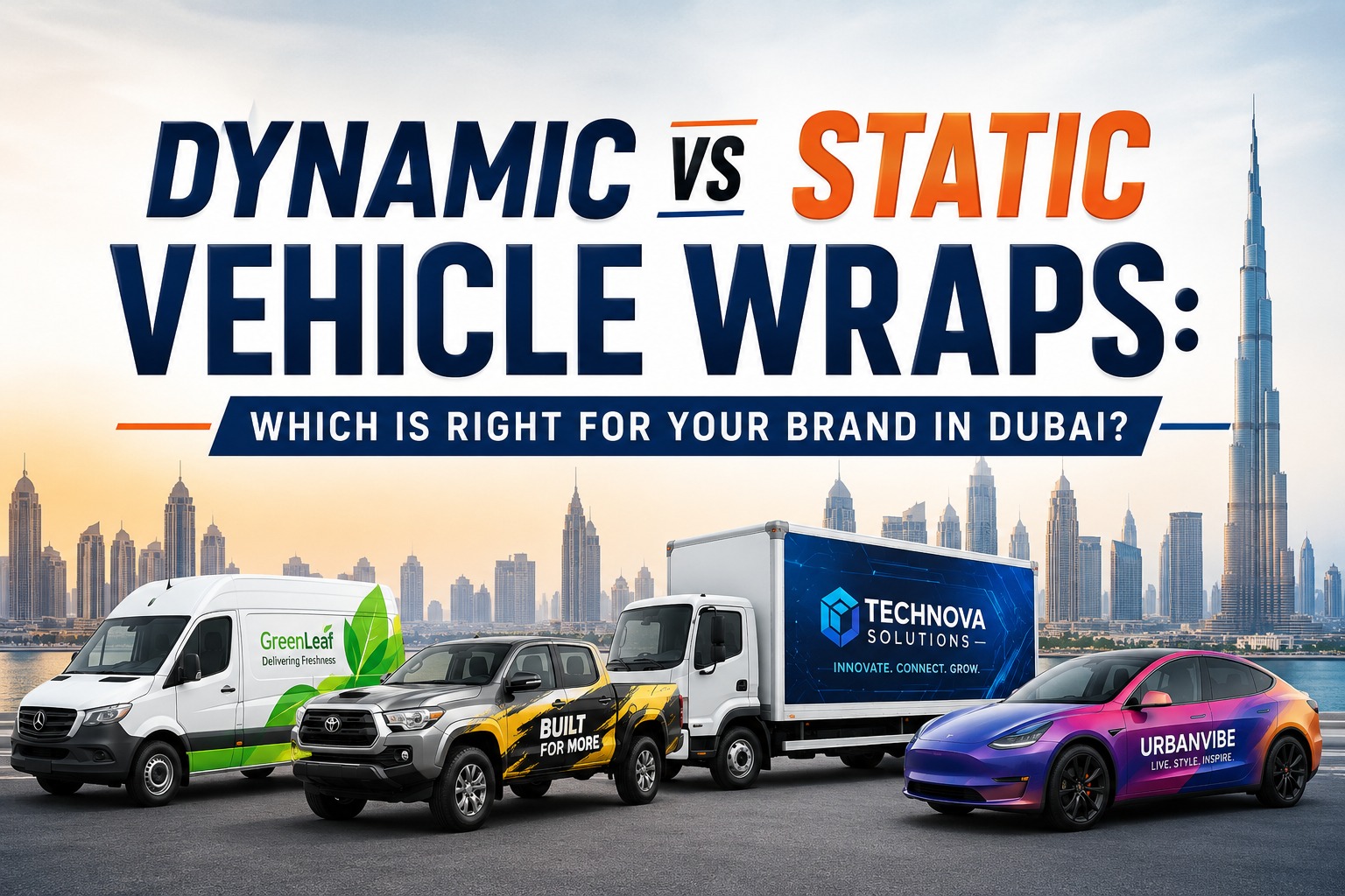 Dynamic vs Static Vehicle Wraps comparison on branded business vehicles in Dubai showcasing traditio
