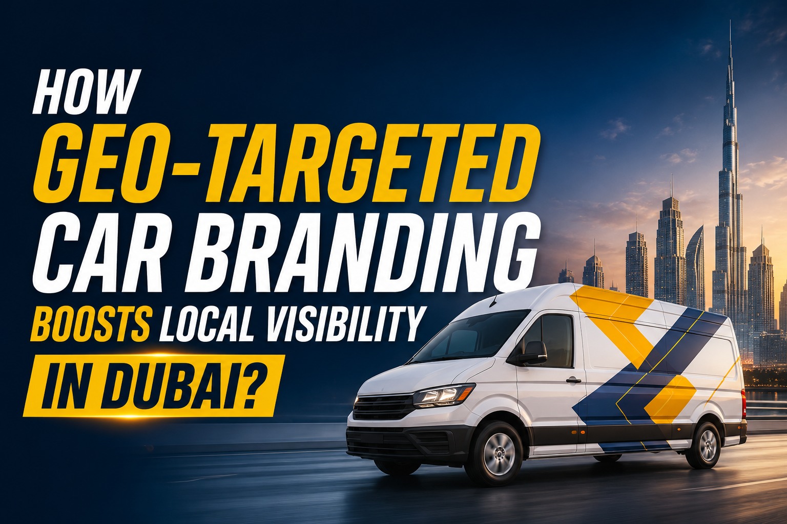 Geo-targeted vehicle branding in Dubai showcasing a branded business car driving through key locatio
