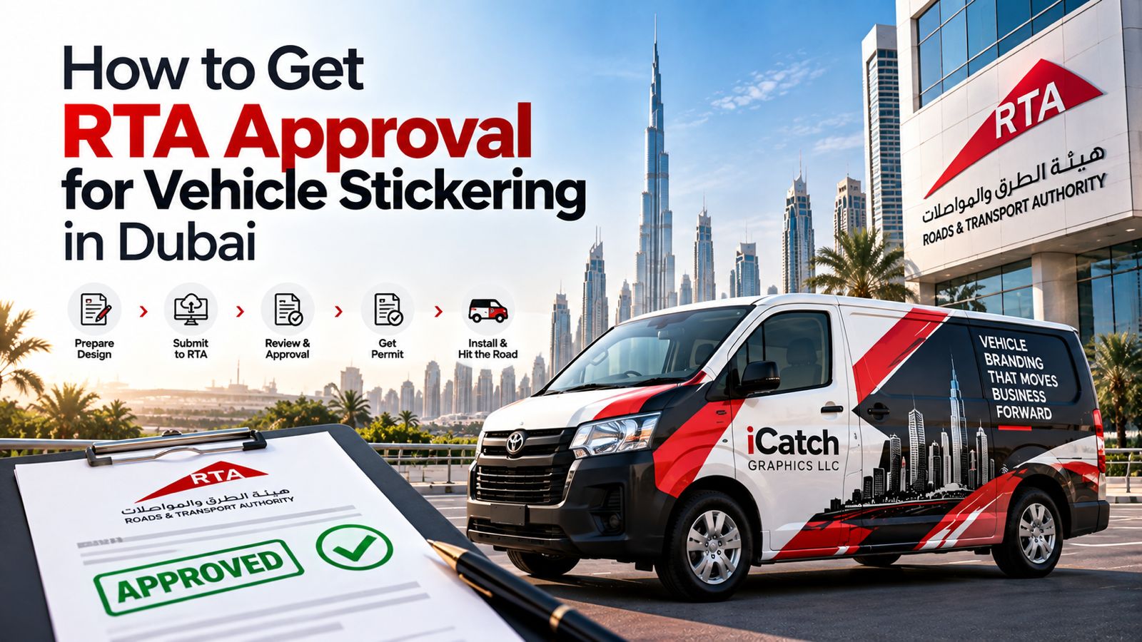 RTA-approved vehicle stickering and commercial car branding in Dubai by iCatch Graphics LLC